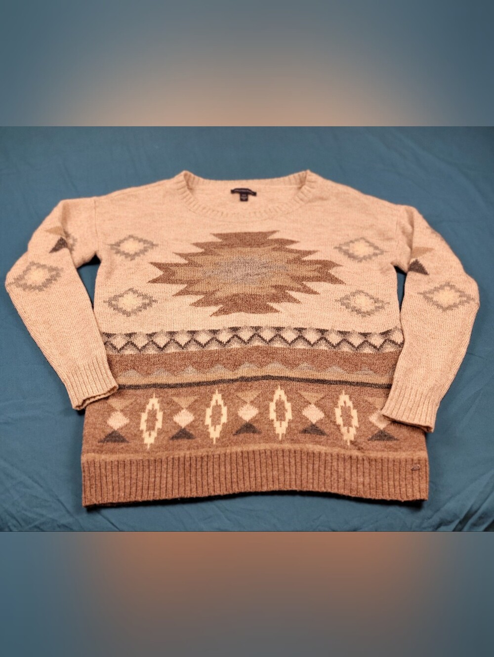 American Eagle Outfitters Beige and Brown Geometric Crewneck Sweater